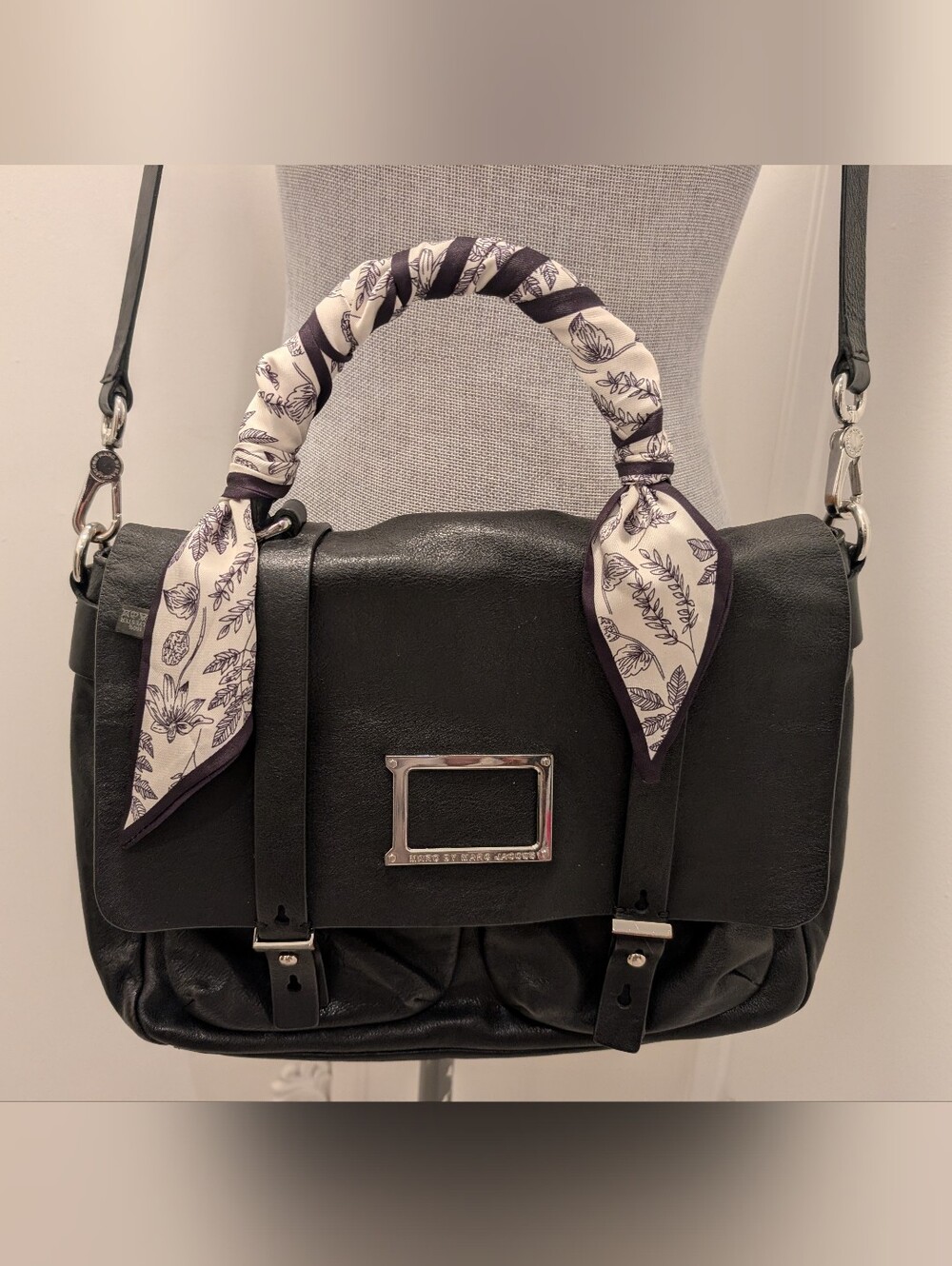 Marc Jacobs Black Women’s Leather Satchel with Printed Handle Scarf
